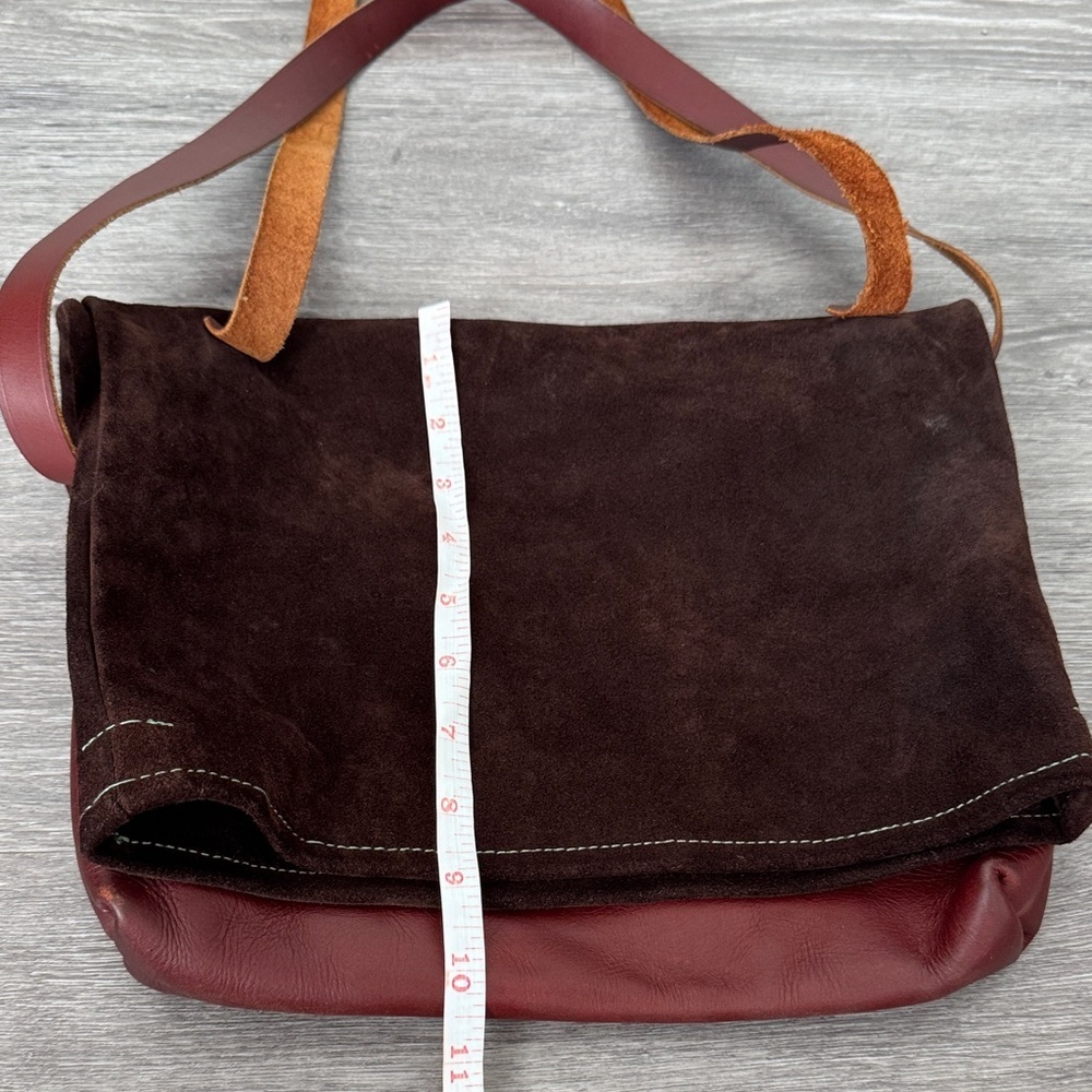 Handmade Suede and Leather Brown and Burgundy Fold Over Slouchy Bucket Bag - Picture 12 of 14